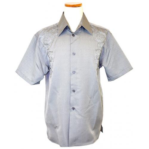 Pronti Grey/White Diagonal Pinstripes And Embroidered Design 100% Micro Polyester Shirt S1531
